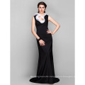 Elegant Petite Sheath Column Evening Dress Jewel Sweep Brush Train Stretch Satin with Ruffles